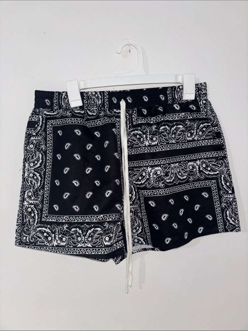 SHEIN Black Bandana-Print Drawstring Swim Trunks